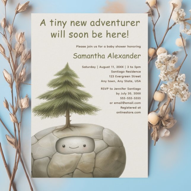 Convites Chá de fraldas do aventureiro do Woodland (Woodland Adventure baby shower invitation.  Cute baby peeking from rock.)