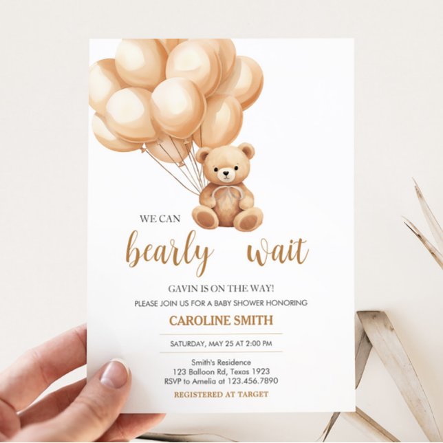 Convites Chá de fraldas do Balão Bear Brown (We Can Bearly Wait Baby Shower Invitation)