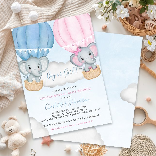 Convites Chá de fraldas do balão de elefante de revelação d (Gender Reveal Elephant Balloon Baby Shower Invitation)