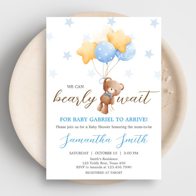 Convites Chá de fraldas do Balão do Urso Azul (Boy We Can Bearly Wait Balloon Baby Shower Invitation)