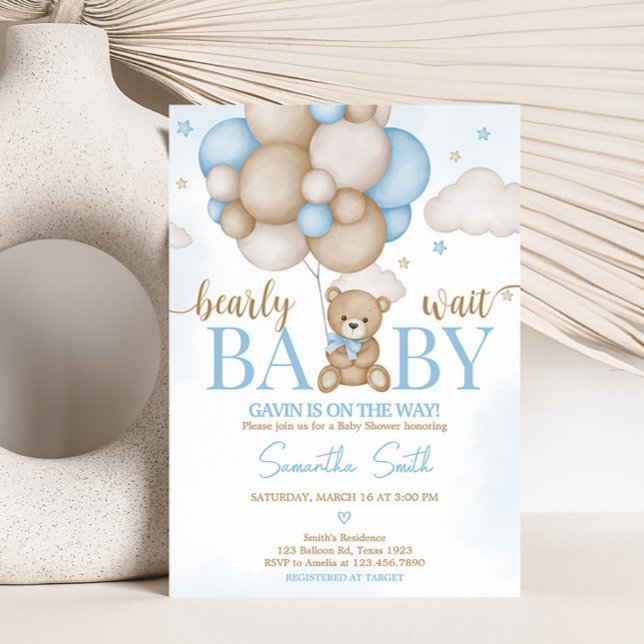 Convites Chá de fraldas do Balão do Urso Azul (Teddy Bear Balloon Baby Shower Invitation)