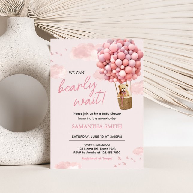 Convites Chá de fraldas do Balão do Urso Rosa (Pink Girl Teddy Bear Balloon Baby Shower Invitation
)