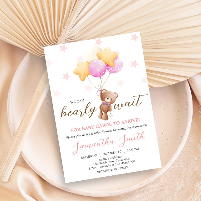 Convites Chá de fraldas do Balão do Urso Rosa (Girl We Can Bearly Wait Balloon Baby Shower Invitation)
