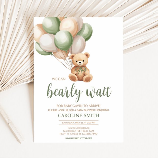 Convites Chá de fraldas do Balão do Urso Verde Sage (Green Boho Bear Baby Shower Invitation)