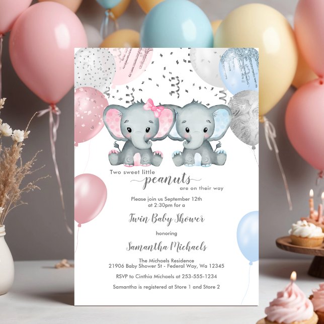 Convites Chá de fraldas do balão gêmeo de elefante giro (Cute Elephant Twin Balloon Baby Shower Invitation)