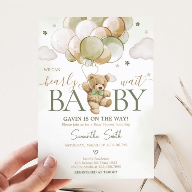 Convites Chá de fraldas do Balão Verde de Espera Rápida (Gender Neutral Bear Balloons Baby Shower Invitation)
