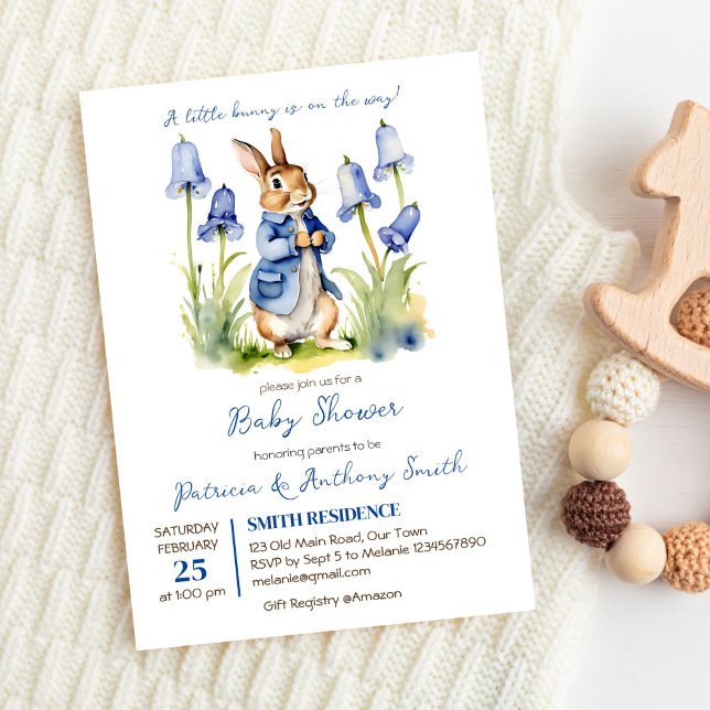 Convites Chá de fraldas do bebê do coelho Peter (Peter rabbit baby boy baby shower editable template invitation digital download cute bunny bluebells)