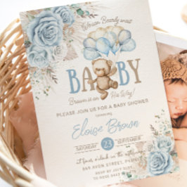 Convites Chá de fraldas do Boho Blue Floral Pampas Teddy Be