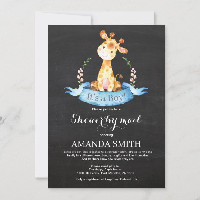 Convites Chá de fraldas do Chalkboard Boy Giraffe por e-mai (Frente)