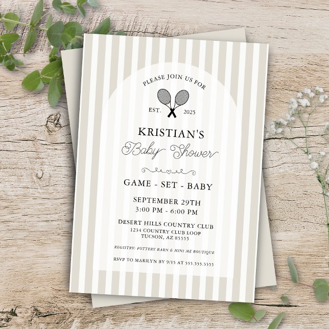 Convites Chá de fraldas Do Clube De Tênis De Pré-Disquete I (elegant beige tennis theme baby shower invitations for preppy greige or tan chic country club shower)