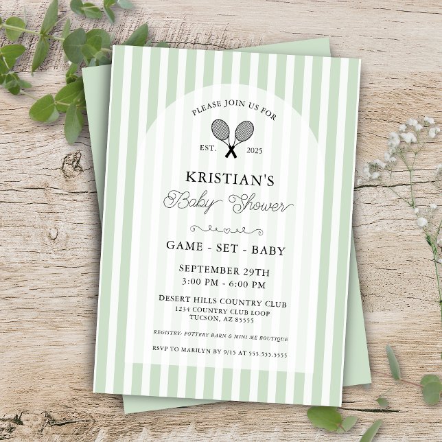 Convites Chá de fraldas do Clube de Tênis Verde Pré-ppy Sof (Mint green tennis theme game set match baby shower invitation for preppy country club stripes event)