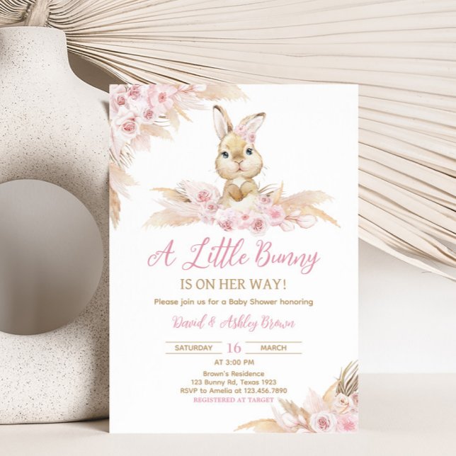 Convites Chá de fraldas do Coelhinho Rosa (Pampas Grass Girl Bunny Baby Shower Invitation)
