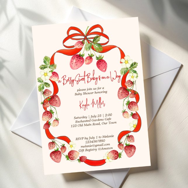 Convites Chá de fraldas do coquete da fita de Strawberry (Strawberry ribbon bow coquette berry sweet baby shower invitation template summer berries red bow)