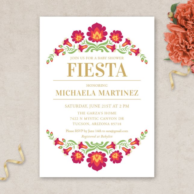 Convites Chá de fraldas do Fiesta Mexicano, Red Floral (Red Floral Mexican Fiesta Baby Shower Invitation)
