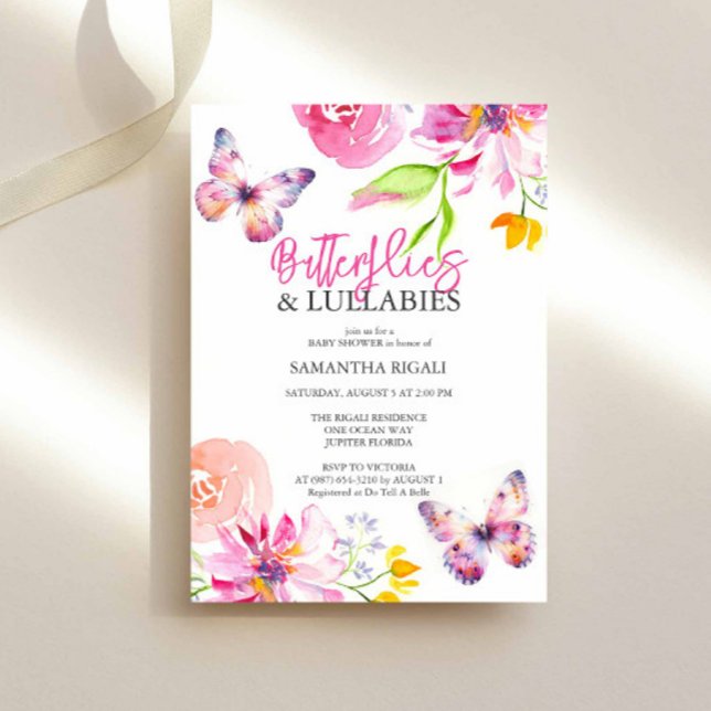 Convites Chá de fraldas do Jardim de Flores e Borboletas (Butterfly baby shower invitation features floral and butterflies watercolor art Victoria Grigaliunas)