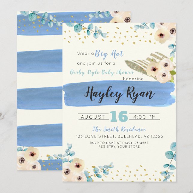Convites Chá de fraldas do Kentucky Derby Big Hat Eucalyptu (Frente/Verso)