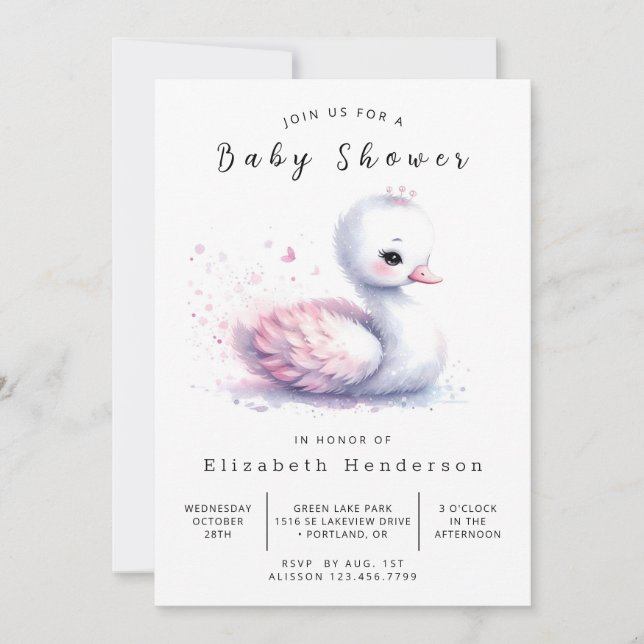 Convites Chá de fraldas do Lago Digital Swan (Frente)