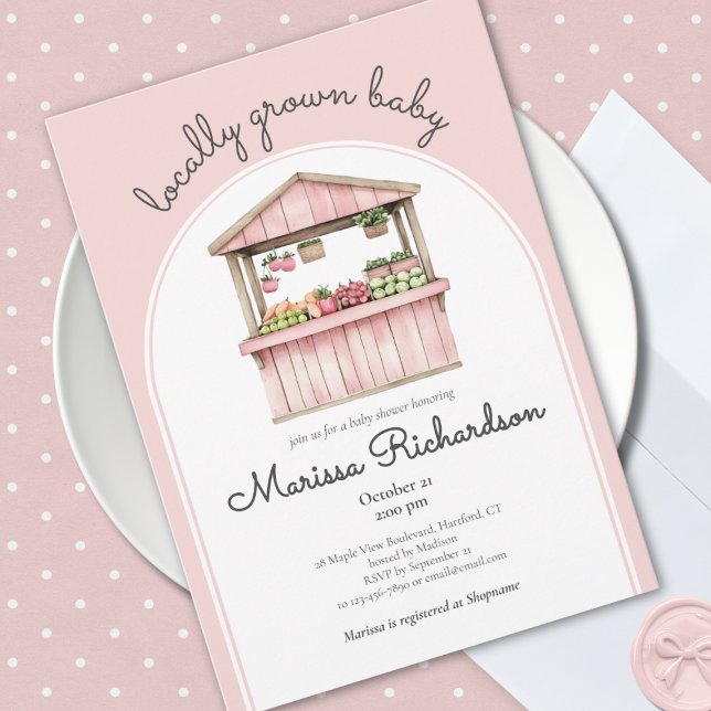 Convites Chá de fraldas do mercado de agricultores (locally grown baby pink farmers market baby girl shower invitation vintage rustic garden theme)
