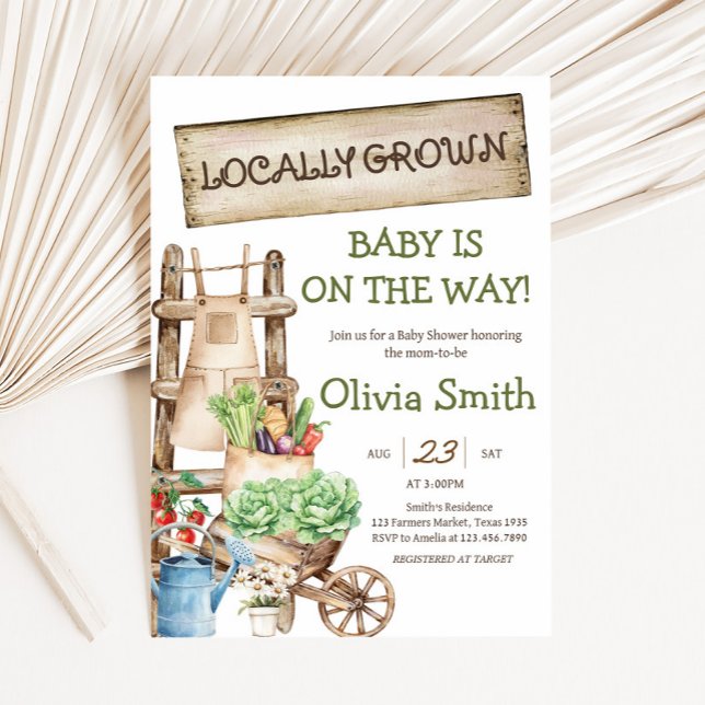 Convites Chá de fraldas do mercado russo crescido localment (Rustic Farmers Market Locally Grown Baby Shower Invitation)