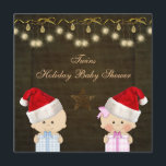 Convites Chá de fraldas do Natal dos gêmeos do menino & da<br><div class="desc">O ouro elegante bonito e o chá de fraldas marrom do Natal dos gêmeos do menino e da menina convidam com um bebê bonito do menino e da menina com chapéus e presentes do papai noel, uma estrela bonito do ouro, ornamento da faísca elegante e arcos de suspensão em um...</div>