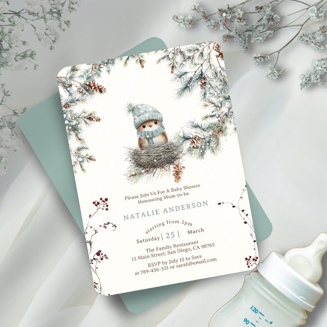 Convites Chá de fraldas do Ninho do Pássaro Azul, Snowy Woo (Cute Snowy Woodland Blue Bird's Nest Baby Shower Invitation)