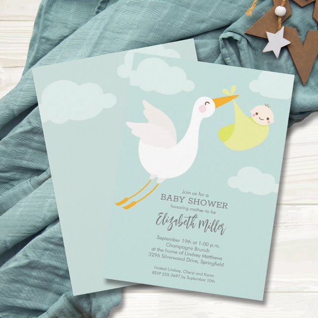 Convites Chá de fraldas do Pacote Amarelo-Corte (Cute Yellow Bundle Stork Unisex Baby Shower Invitations, PRINTED and/or INSTANT DOWNLOAD)