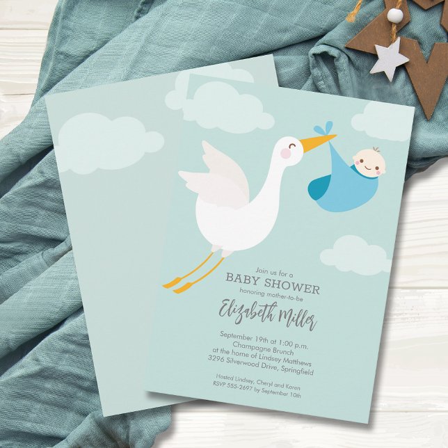 Convites Chá de fraldas do Pacote Azul-Corte (Cute Blue Bundle Stork Boy Baby Shower Invitations, PRINTED and/or INSTANT DOWNLOAD)