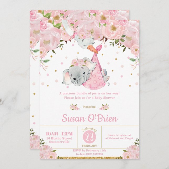 Convites Chá de fraldas do Pacote de Elefantes Florais Rosa (Frente/Verso)