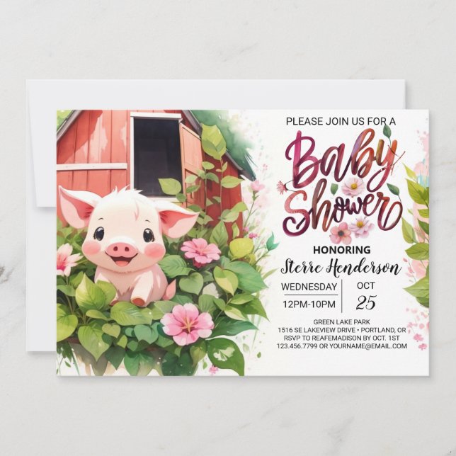 Convites Chá de fraldas do Paraíso Boho Farmyard de Piglet (Frente)
