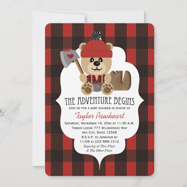 Convites Chá de fraldas do Parede do Urso de Lumberjack (Frente)