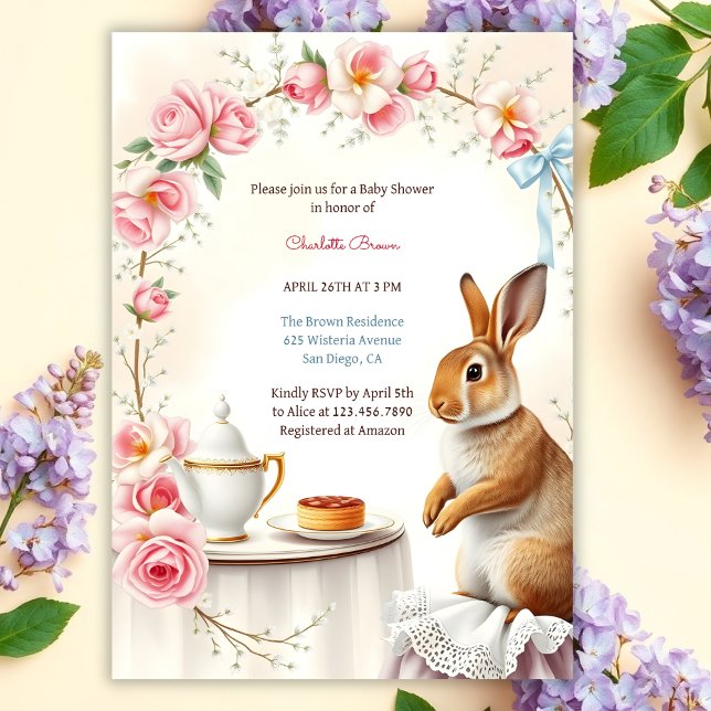 Convites Chá de fraldas do Partido Elegante Bunny Floral Pr (Personalized Tea Party Baby Shower Invitation Elegant Bunny & Floral Baby Shower Invite)