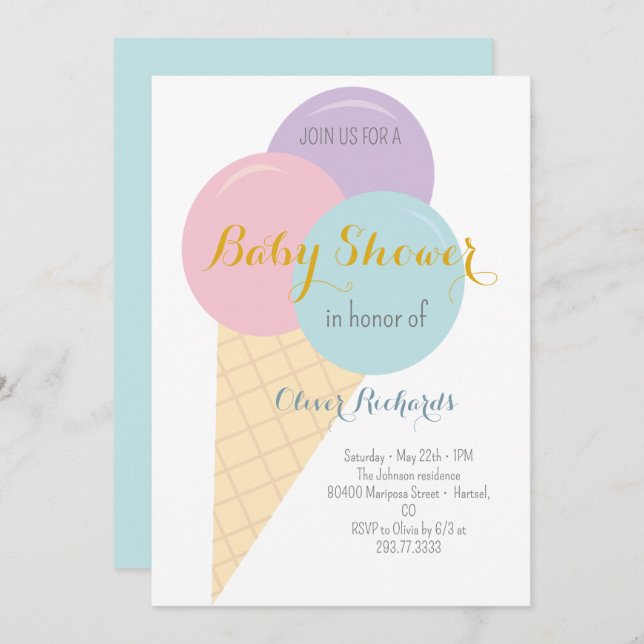 Convites Chá de fraldas do Sorvete Cone Scoop Kids (Frente/Verso)