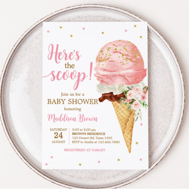 Convites Chá de fraldas do Sorvete rosa (Here is the Scoop Baby Shower Invitation)