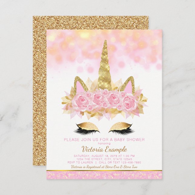 Convites Chá de fraldas do Unicórnio Rosa Dourado (Frente/Verso)