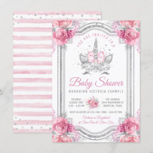 Convites Chá de fraldas do Unicórnio Silver Diamond Rosa