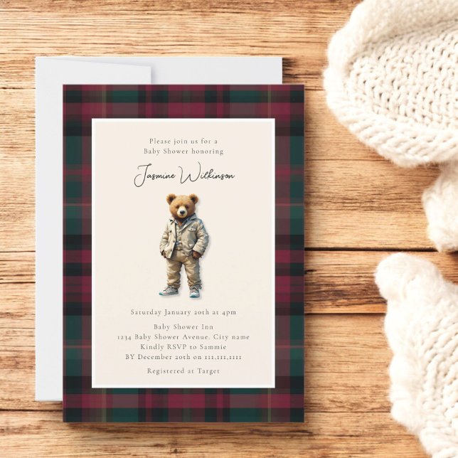 Convites Chá de fraldas do Ursinho Vintage (vintage teddy bear baby shower invitation, modern simple elegant tartan plaid )