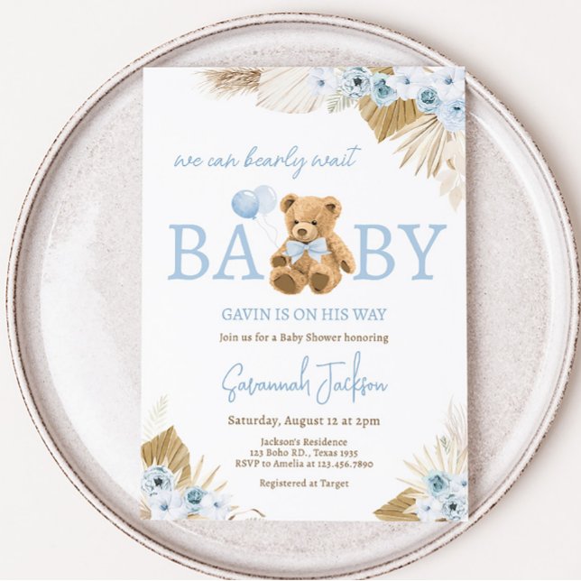 Convites Chá de fraldas do Urso Azul Boho (Blue Pampas Grass Teddy Bear Baby Shower Invitation)