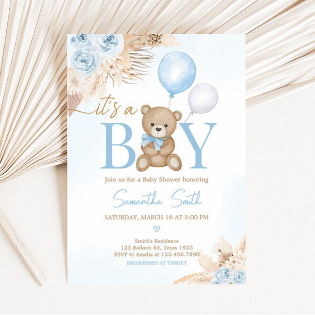 Convites Chá de fraldas do Urso Azul de Espera (Blue Boho Bear Balloon Baby Shower Invitation)