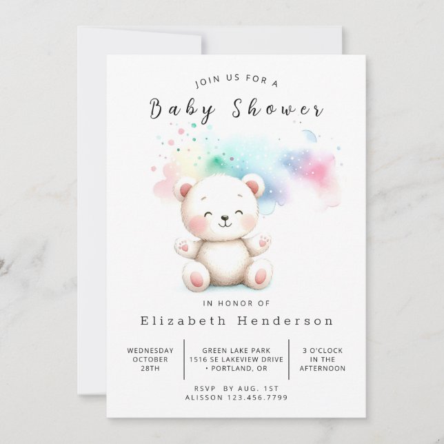 Convites Chá de fraldas do Urso de Aquarela Pastel (Frente)