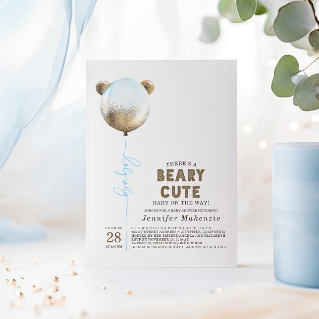 Convites Chá de fraldas do Urso de Teddy Beary Blue Balloon (Beary Cute Baby Shower Invitations featuring Gold and Blue Bear Balloon)