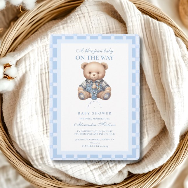 Convites Chá de fraldas do Urso de Teddy Cute Denim (Criador carregado)