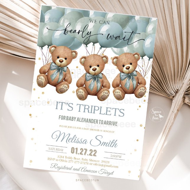 Convites Chá de fraldas do Urso de Teddy é TRIPLETS (teddy bear baby shower, triplets baby shower invitation, we can bearly wait triplets, baby shower in)