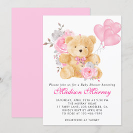 Convites Chá de fraldas do Urso de Teddy Floral Rosa-Blush