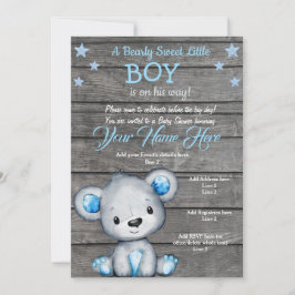 Convites Chá de fraldas do Urso de Teddy, garoto azul-rústi