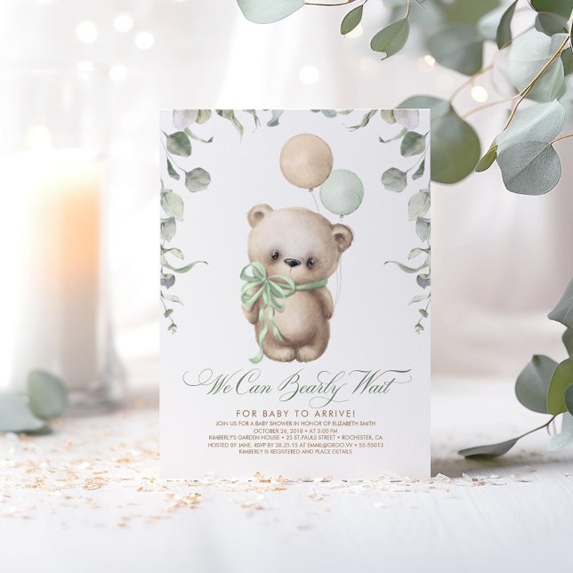Convites Chá de fraldas do Urso de Teddy Verde e Castanho (We Can Bearly Wait - Cute Bear Themed Beige and Sage Baby Shower Invitations)