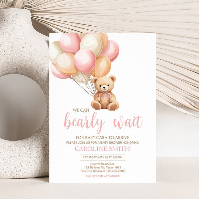 Convites Chá de fraldas do Urso do Balão Rosa (We Can Bearly Wait Girl Baby Shower Invitation)