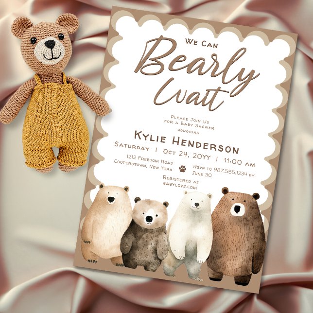 Convites Chá de fraldas do Urso do Urso do Urso Neutro de E (Neutral Bearly Wait Teddy Bear Baby Shower Invitation)
