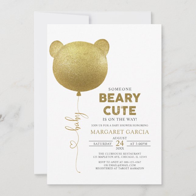 Convites Chá de fraldas do Urso Dourado do Balão de Beary C (Frente)