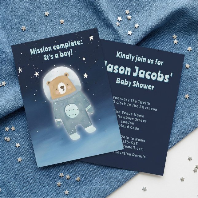 Convites Chá de fraldas do Urso Espacial Bonito é astronaut (Cute Space Bear Baby Shower it's a boy astronaut Invitation.)