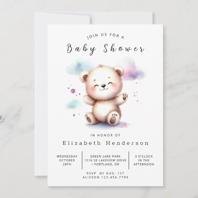 Convites Chá de fraldas do Urso Personalizado do Pastel (Frente)